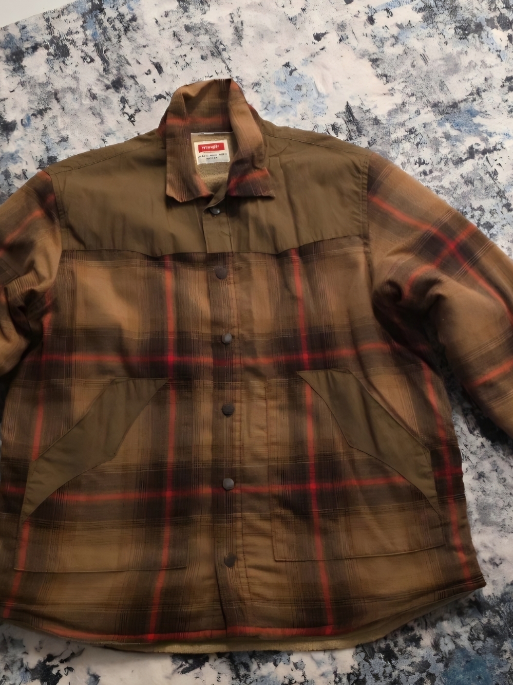 💥💥3 For $30💥💥 Wrangler Brown Plaid Lightweight Shirt Jacket with Red Stripes